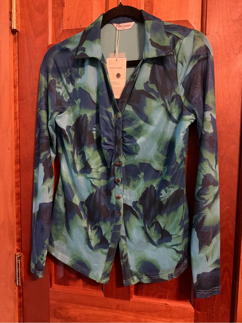 PrettyGarden Women's Blue-Green Printed Button-Up Top
